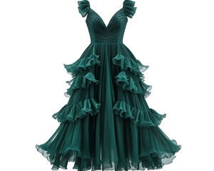 Contemporary emerald green party dress with ruffled details, against a minimal white background, high resolution,