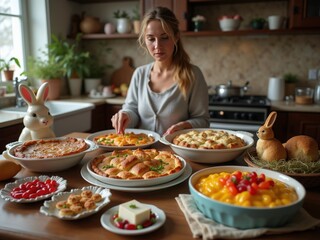Festive Easter table with traditional dishes and decorations.
