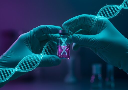 Scientist Holding Glowing DNA Vial with Spiraling Helix in Futuristic Medical Laboratory