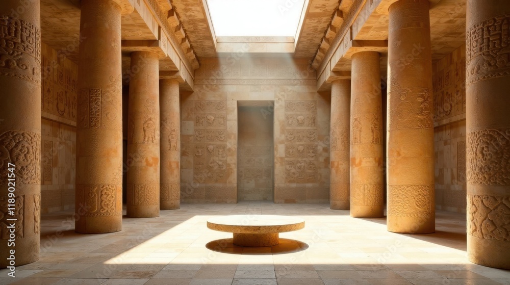Poster ancient hallway with ornate columns and central stone table