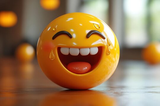 expressive 3d yellow laughing emoji with tears of joy streaming down face glossy finish and dynamic lighting effects on white background