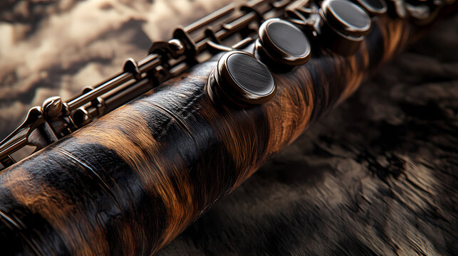 Polished african blackwood with deep, even tones, ideal for luxury clarinets, luxury wood texture, musical sophistication. Blazewood. Illustration
