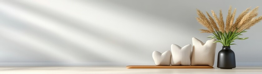 Cozy Living Room Interior with Heart-Shaped Cushions and Decorative Dried Floral Arrangement