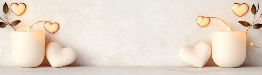 Obraz premium Romantic decor with soft candles and elegant hearts on a minimalist background for serene ambiance