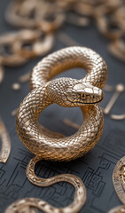 Fototapeta premium Golden wood snake zodiac symbol of Chinese New Year 2025 greeting for joy and good fortune with copy space, wishes of luck and rich, Asian culture festival in vertical