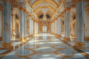 Obraz premium fantasy palace interior with grand marble columns crystal chandeliers and golden ornaments in renaissance architecture style