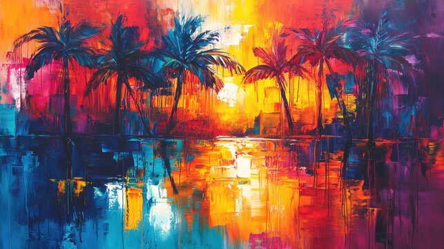 Vibrant abstract tropical sunset with palm trees silhouetted against a colorful sky and sea beach. Cuban, Caribbean or Hawaii landscape made in brushstrokes of orange, blue and red colors