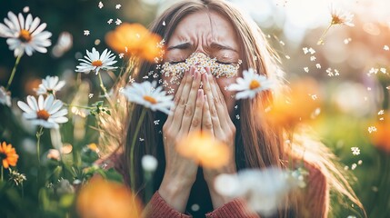 Girl sneezing in flower field with pollen floating around