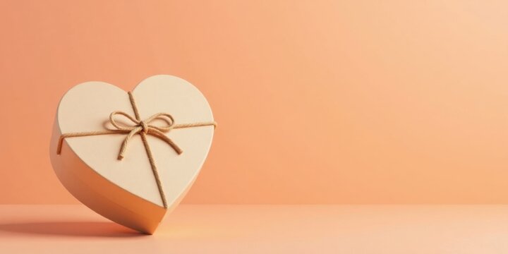 Heart-shaped gift box tied with twine on a peach background