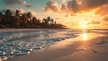 Sunset Serenity: Golden Beachscape with Palm Trees