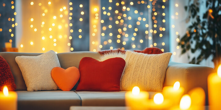 Couch with pillows in box and heart shape, romatic decoration with candle