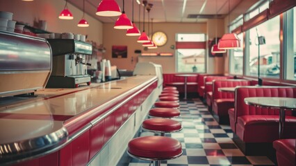 1950s diner interior, retro restaurant, red vinyl booths, chrome counter, art deco style, checkered floor, vintage clock, neon lighting, nostalgic Americana, soda fountain, classic diner stools, retro