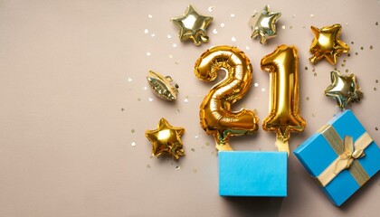 Number 21 birthday balloon celebration gift box lay flat explosion, copy space. Generated image