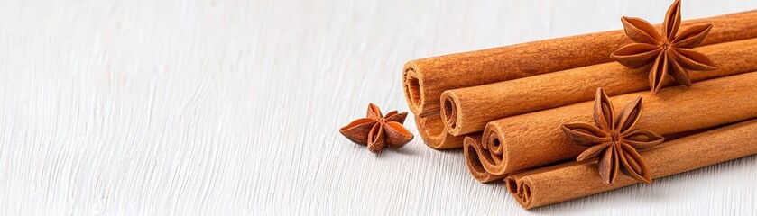 Cinnamon Sticks and Star Anise Arrangement on Light Wooden Background for Culinary Inspiration