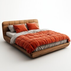 Fototapeta premium Wooden bed with plaid bedding in a rustic style.
