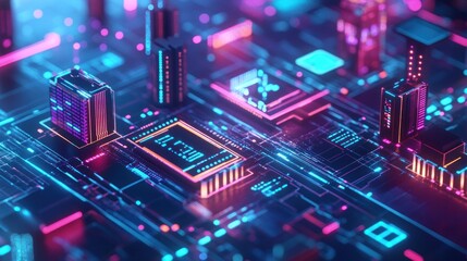 Neon Cityscape on a Futuristic Circuit Board: A Digital Metropolis of Light and Technology