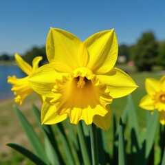 Fototapeta premium Close-up of vibrant yellow daffodil blooms, sunny day , springtime, macro