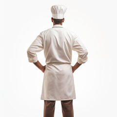 Back view of a chef wearing a white uniform and hat, symbolizing professionalism and culinary expertise.