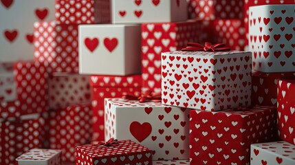 Fototapeta premium Stacked gift boxes in red and white with heart patterns, perfect for Valentine's celebrations.