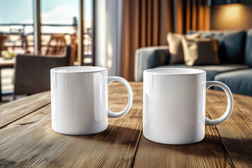 Fototapeta premium Two white blank mock up mugs on a wooden table with a living room interior in the background