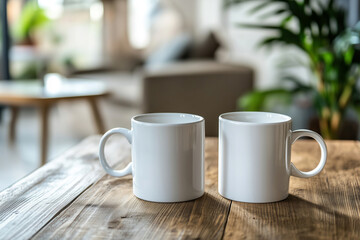 Two white blank mock up mugs on a wooden table with a living room interior in the background