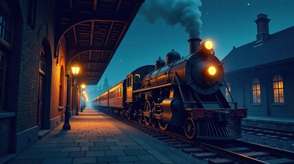 Obraz premium Nocturnal Steam Locomotive Arriving at a Historic Train Station at Night