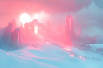 Pink Sunset Over Futuristic Ruined Cityscape