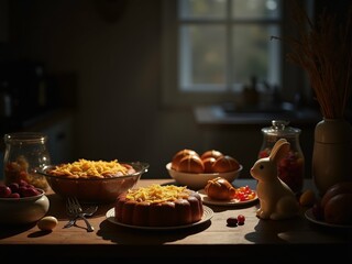 This image depicts a festive Easter table with traditional dishes and decorations.