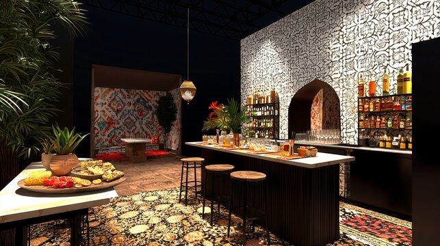 Luxurious Moroccan-themed bar with intricate details, rich textures, and warm lighting.