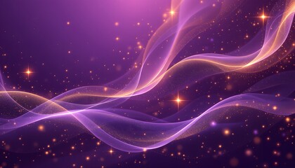 Abstract golden light trails on purple backdrop, represents elegance and magic, ideal for high-end brand promotions or a sophisticated event backdrop.