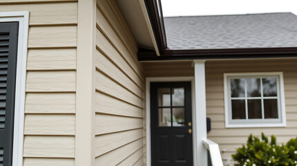 Modern House Exterior with Beige Vinyl Siding, showcasing architectural details, windows, and a classic design. Ideal for real estate listings and home improvement inspiration.