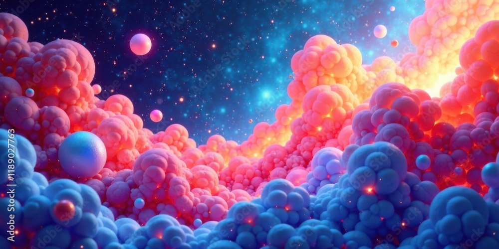 Poster dreamlike spheres float in a colorful, ethereal landscape