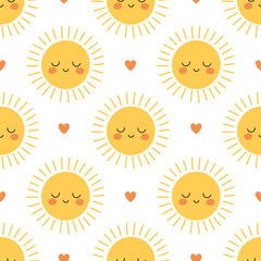 Seamless pattern with cute yellow suns with smiling faces and hearts on white background. Morning, sunny weather. Simple childish print. Vector flat illustration for wallpaper, textile, packaging