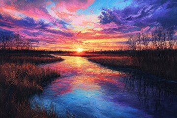 Vibrant Sunset Reflecting on Calm River Water