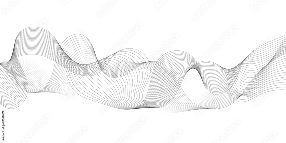 Poster Abstract grey, white smooth element swoosh speed wave modern stream background. Wave with lines created using blend tool. Abstract frequency sound wave lines and twisted curve lines background.	