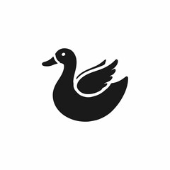 A stylized, black silhouette of a duck is featured on a plain white background.