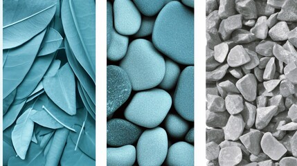 Serene Teal Leaf, Pebble, and Stone Texture Triptych