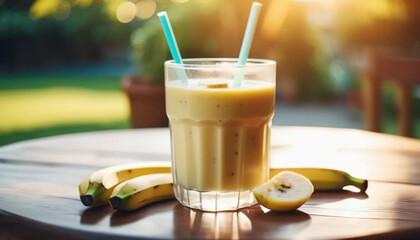 Banana smoothie in a glass. Close up 