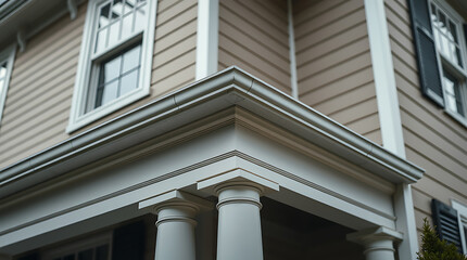 Classic House Exterior with White Columns and Beige Siding - Architectural Details and Design