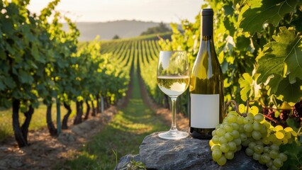 Fototapeta premium Wine bottle, wine glass, vineyard, grapevines, sunset light, golden hour, rustic scene, wine tasting, countryside, winemaking, lush greenery, warm tones, tranquil atmosphere, Italian landscape, romant