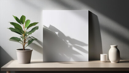 indoor poster mockup with blank light gray wall soft shadows and potted plant in serene daylight setting