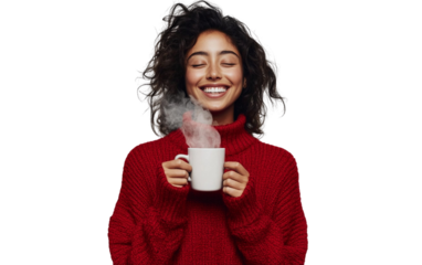 Cheerful woman in a red sweater holding a steaming cup of coffee, looking relaxed and content, set against a clean white background.

