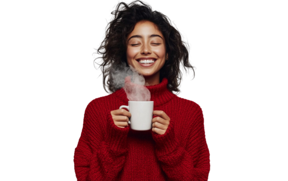 Cheerful woman in a red sweater holding a steaming cup of coffee, looking relaxed and content, set against a clean white background.

