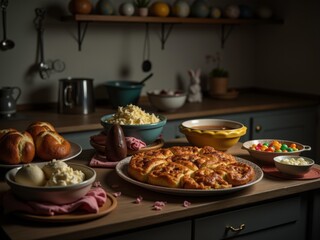 This image depicts a festive Easter table with traditional dishes and decorations.
