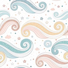Obraz premium Whimsical pastel waves and stars pattern, Seamless pattern featuring swirled pastel waves, stars, clouds, and delicate details, creating a playful and dreamy celestial design. 