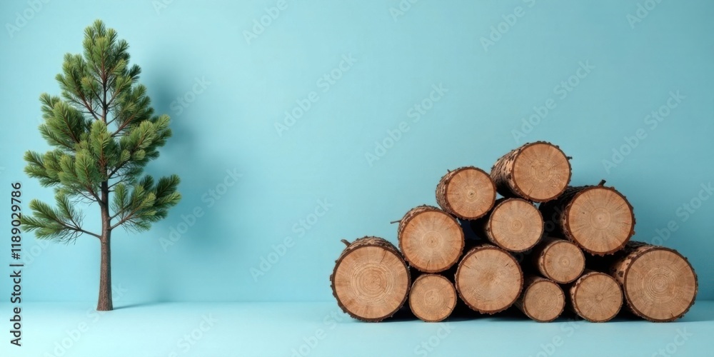 Poster a single pine tree and a stack of wood logs against a light blue background