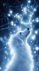 Fototapeta premium A poodle admires sparkling lights in a serene, enchanting environment at night