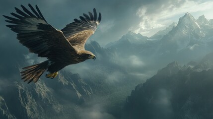 Majestic Eagle Soaring Over Misty Mountain Peaks A breathtaking view of a powerful eagle
