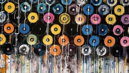 Colorful vinyl records, melting, dripping paint, abstract wall art, vibrant colors, retro music theme, textured background, splatter effect, nostalgic, pop art style, urban street art aesthetic, circu