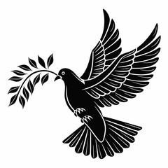 Dove with olive branch vector Black silhouette on a white background